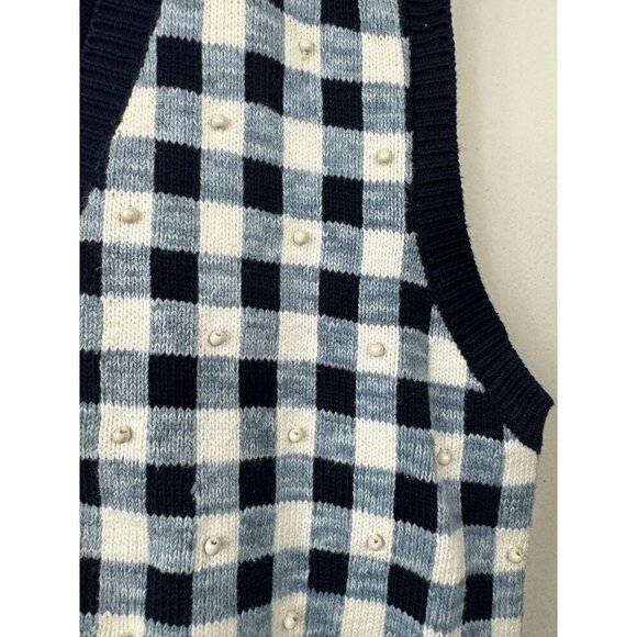 Vintage Talbots Size Medium Blue Gingham Sweater Vest Cotton Beaded - Picture 6 of 6